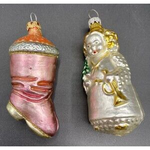 Vintage Christmas Angel Stocking Glass Ornament West Germany 3.5" Lot of 2